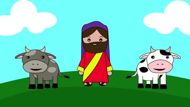 Animated Christmas cartoon style video featuring Joseph, the father of Jesus, and two cows, Christmas, art, 2D.
