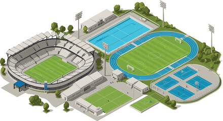 Isometric sports complex with stadium, swimming pool, football fields, running track, basketball courts and athletic facilities illustration © Md