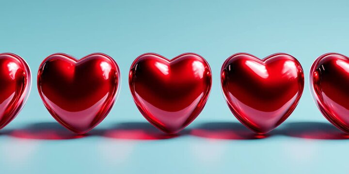 Glossy red hearts in a row against blue background, playful jumping motion, minimal romantic concept for love, Valentine&rsquo;s Day, relationship, celebration and affection visuals