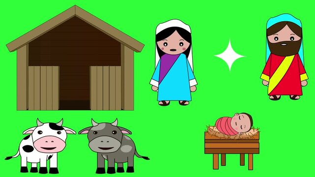Animated Christmas cartoon style video with Joseph, Mary, baby Jesus, cattle, a star, and a barn on a green background, Christmas, art, 2D.