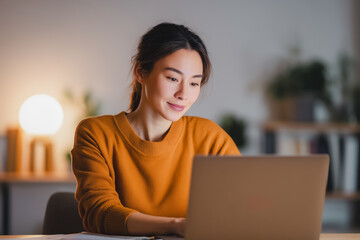 Young Asian woman working on laptop at home office desk with warm lighting and cozy atmosphere, focused and content expression