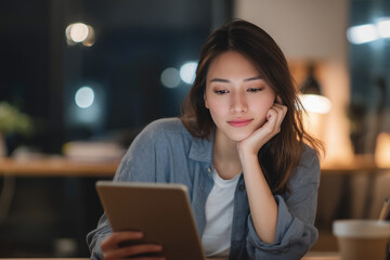 Young Asian woman using tablet at home office desk with soft cinematic lighting, focused and relaxed in evening work environment