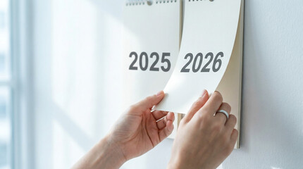 壁掛けカレンダー2025と2026をめくる両手、新年への切り替えと年次計画