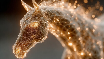 Abstract horse made of glowing particles standing with raised legs highlighted by red and golden colors emphasizing motion power and digital design
