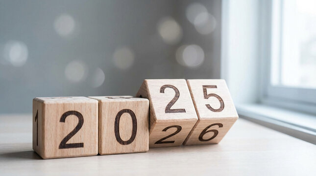 木製ブロックカレンダーが告げる年末年始、2025年から2026年へ