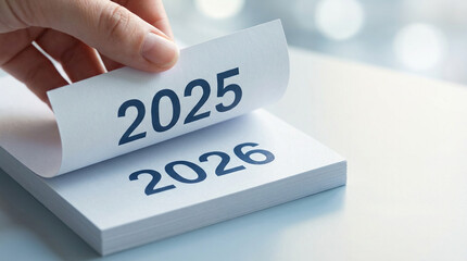2025年のカレンダーページをめくり2026年へ、新年の始まりと時間の流れを表すビジネスイメージ