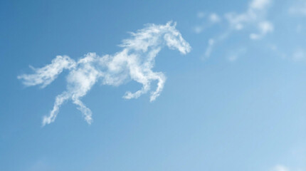 青空に描かれた雲のアート、走る馬の形をした創造的なスカイライティング