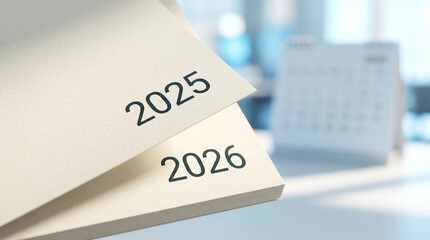 2025と2026の年号が書かれたシンプルなカレンダー紙、新年の計画とスケジュール管理のビジネスイメージ