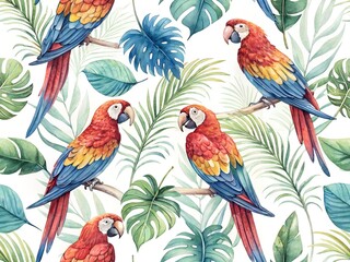 Seamless tropical pattern with bright multicolored macaws and tropical leaves