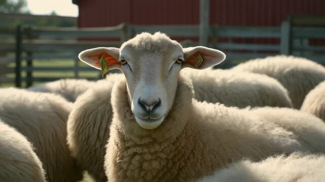 A close-up of a sheep amidst other sheep, gazing directly at the viewer