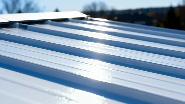 Medium shot of a white hyperreflective coating applied on a rooftop showcasing sunlight bouncing off efficiently to reduce heat absorption.