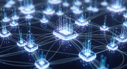 Fototapeta premium Futuristic digital network with glowing nodes and lines connected to a central chip