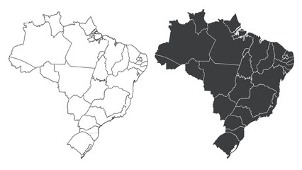 Obraz premium Two outline maps of Brazil, one in white and one in black, showing the country's administrative divisions.