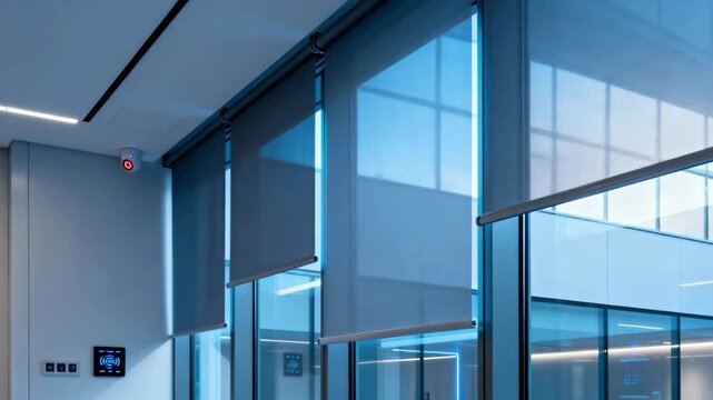 Medium shot of shaded glass panels adjusting opacity automatically highlighting smart technology and customizable ambiance in a hightech building interior.