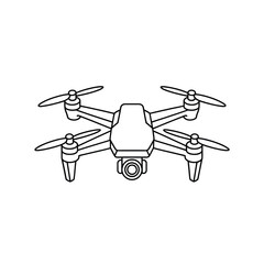 A simple line drawing depicts a modern quadcopter drone with a camera
