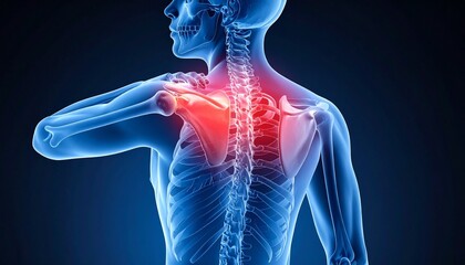 Digital Anatomical Illustration of Upper Body with Highlighted Shoulder and Back Pain Area