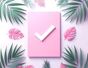 Pink square with a checkmark, framed by green and pink leaves
