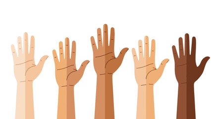 Obraz premium Five hands, each with a different skin tone, are raised upwards against a white background, symbolizing diversity and unity.