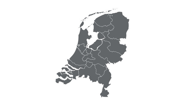 A grey map of the Netherlands, divided into provinces, is shown against a white background, representing the country's administrative divisions and geography.