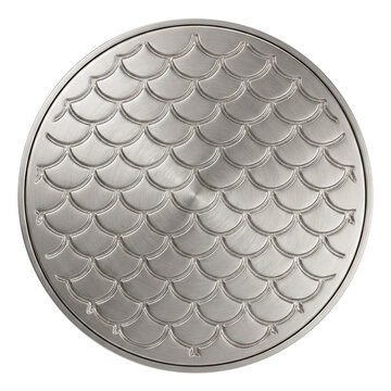 Shower drain featuring a fish-scale pattern grate, perfect for a coastal home.