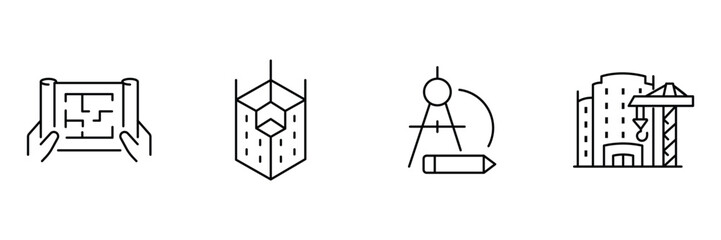 Obraz premium Architecture planning icon set, hands holding blueprint, isometric building model, compass pencil drawing, city construction crane development illustration.