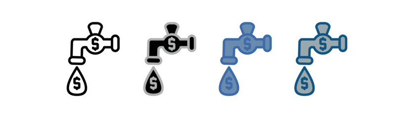 
Liquidity icon set multiple style collection with water tap and money design