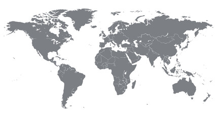 Obraz premium A gray world map showing all continents and countries is presented against a clean white background, illustrating global geography and political divisions.