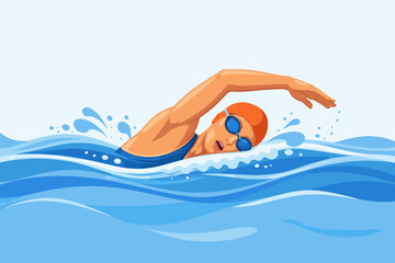 Dynamic freestyle swimming action with splashing water in colorful design