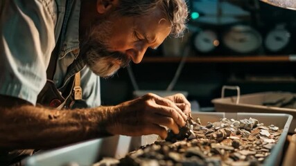 The master carefully sorts the oysters, demonstrating professionalism that would be suitable for the background in publications about seafood delicacies and the fishing industry.
