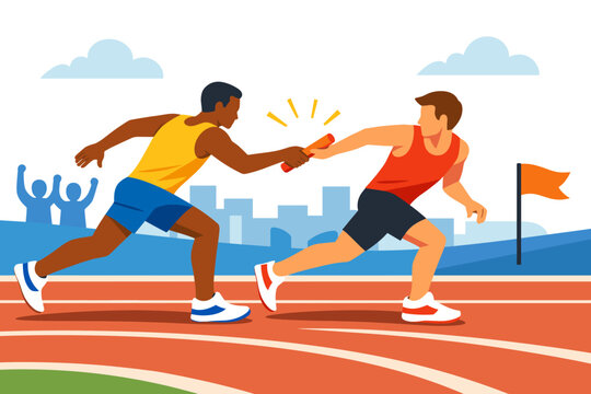 Relay race handover on track in flat style with cityscape background