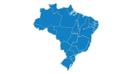 Fototapeta premium A blue map of Brazil with its internal state borders clearly delineated against a white background, symbolizing national geography and political divisions.