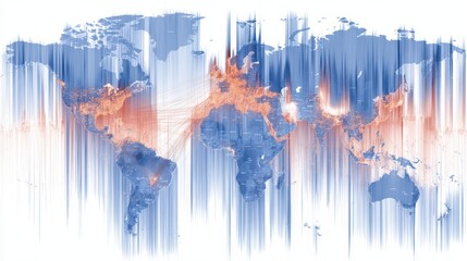 Colorful lines overlay world map abstract visualization of global connections with colored lines