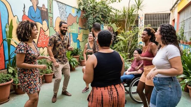 Diverse people dancing freely together, happiness and confident self-expression