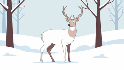Fully grown deer in a serene winter forest with white snow and bare trees