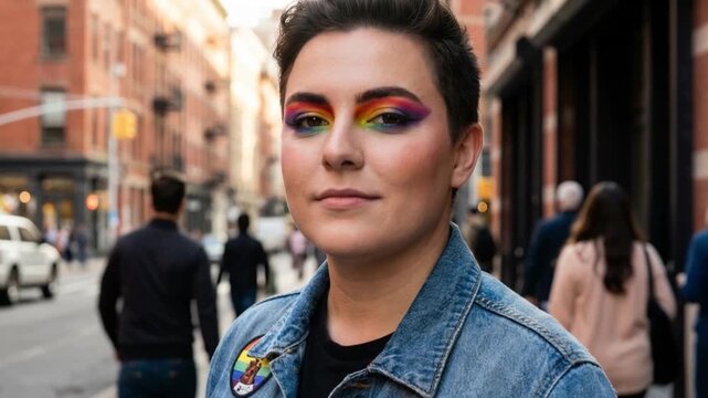 Non-binary person with rainbow makeup standing confidently in city, pride and identity concept portrait
