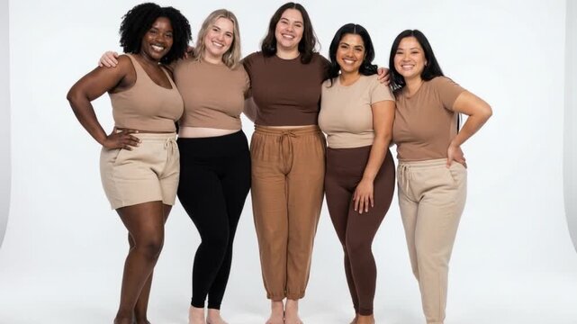 Interracial plus-size women standing together on white background, confidence and body positivity