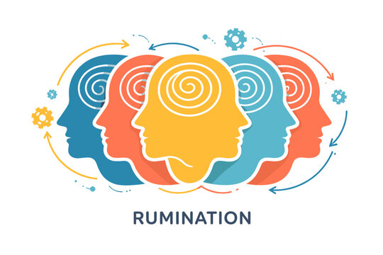 Colorful abstract human silhouette faces illustrating mental processes and rumination