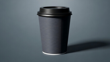 Dark gray matte insulated travel coffee mug with black lid on gray background