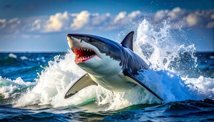 Fototapeta premium Great White Shark Breaching Ocean Surface with Mouth Open and Water Splash