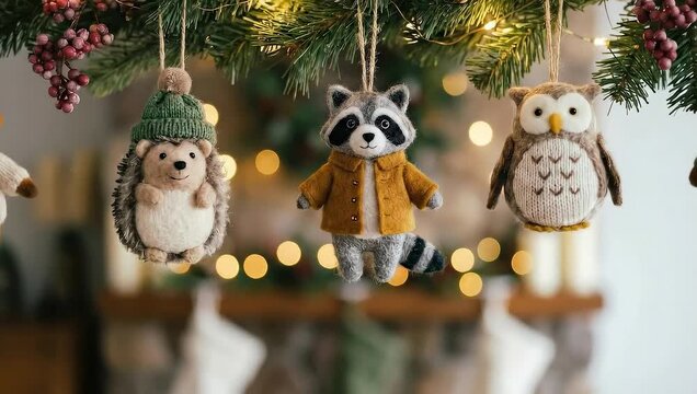 Textured animal ornaments hanging on Christmas tree with lights  
