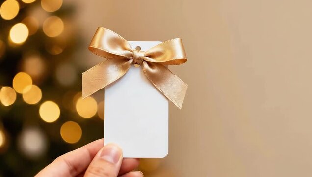 Hand holding blank gift tag with golden bow and blurred lights  