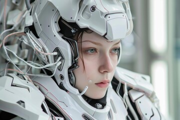 Woman in high tech armor with intricate wiring and futuristic design