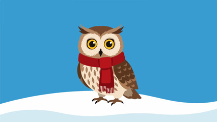 Obraz premium Whimsical owl with red scarf standing on snowy surface against blue background