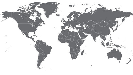 Naklejka premium A world map illustration showing all continents in a gray color on a white background.