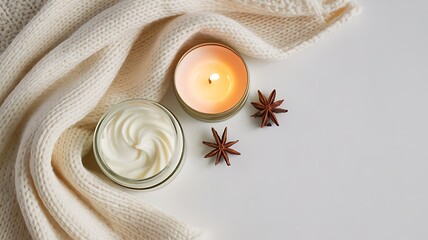 A serene arrangement featuring a lit candle, jar of cream, star anise and a soft knitted blanket arranged on a white surface for peaceful and cozy ambience