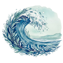 A blue ocean wave effect in watercolor botanical brush style.