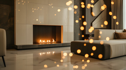 Luxury apartment living space with fireplace and reflective marble floor