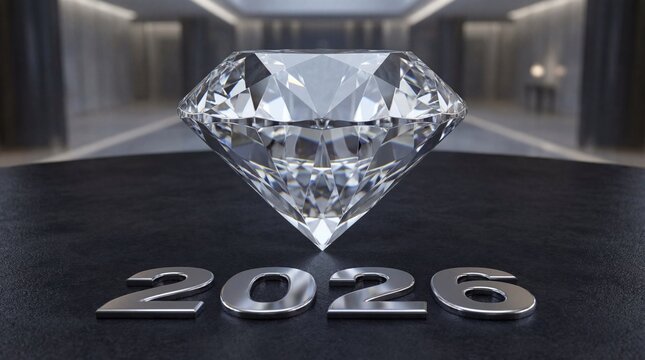 Sparkling diamond on black surface with 2026 metallic numbers