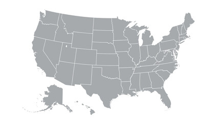 A gray outline map of the United States of America shows all fifty states and Alaska and Hawaii, with a small, white dot indicating the location of a specific state.