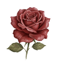 A detailed red rose flower in rustic hand-painted brush style.